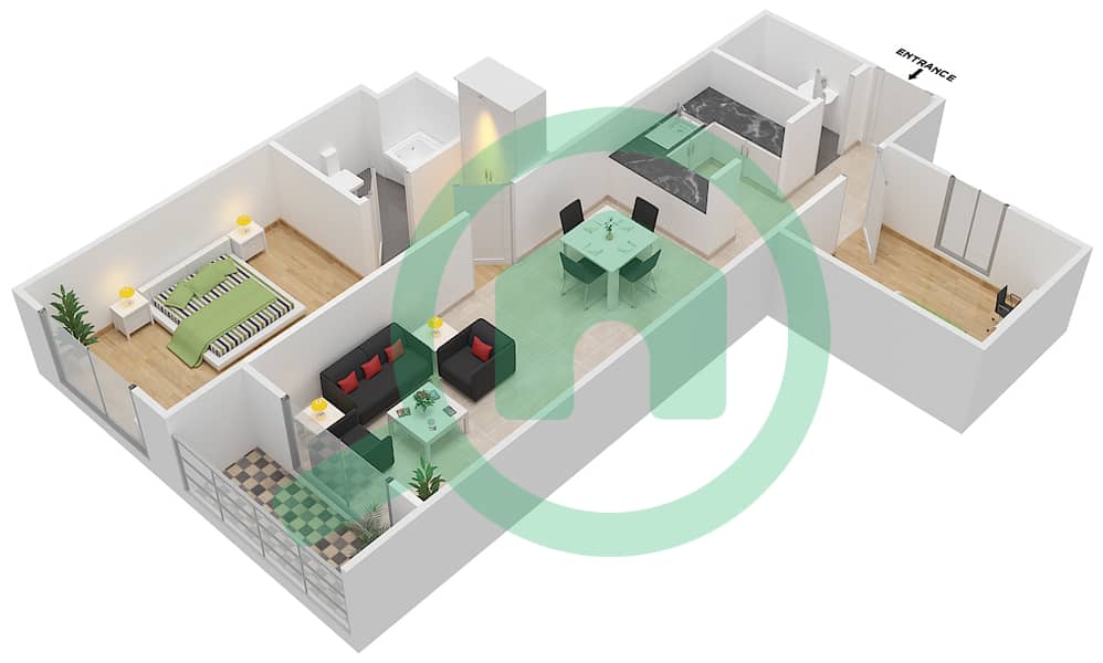المخططات الطابقية لتصميم النموذج B2 شقة 1 غرفة نوم - بارادايس ليك B9 interactive3D