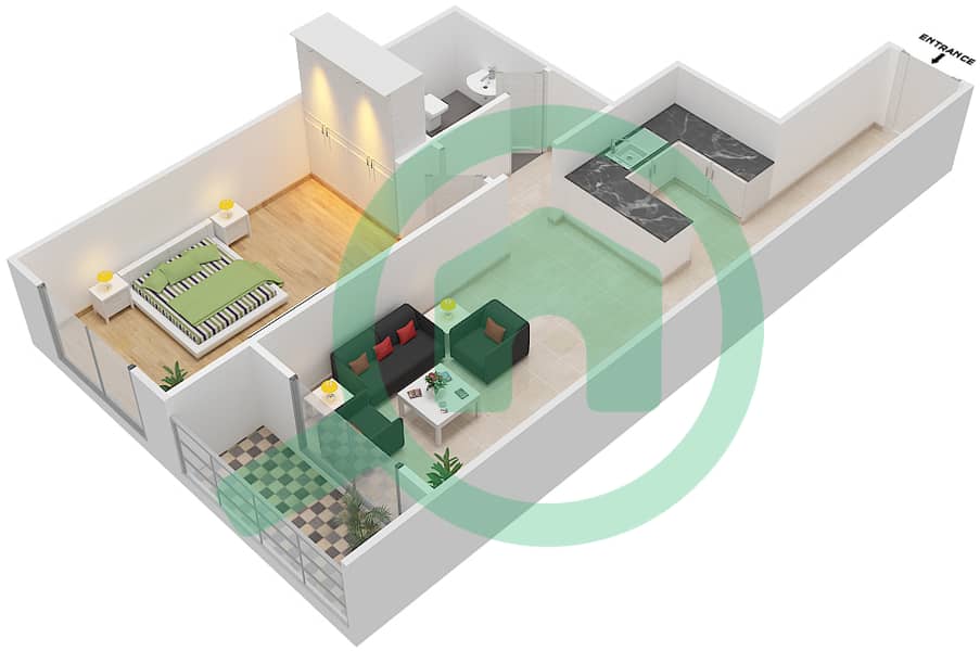 المخططات الطابقية لتصميم النموذج C شقة 1 غرفة نوم - بارادايس ليك B2 interactive3D