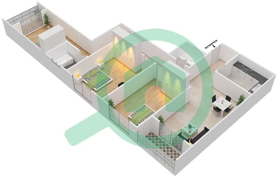 المخططات الطابقية لتصميم النموذج A1 شقة 3 غرف نوم - بارادايس ليك B2 interactive3D