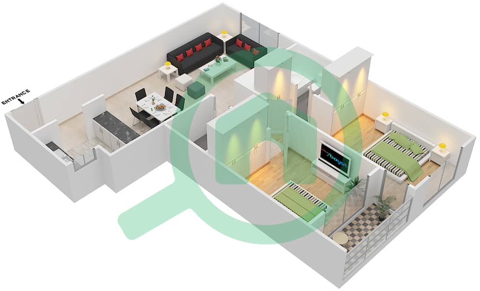 المخططات الطابقية لتصميم النموذج / الوحدة A/13 شقة 2 غرفة نوم - أبراج أحلام جولدكريست interactive3D