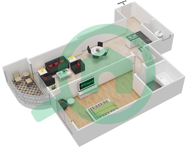 المخططات الطابقية لتصميم النموذج B2 شقة 1 غرفة نوم - برج روز interactive3D
