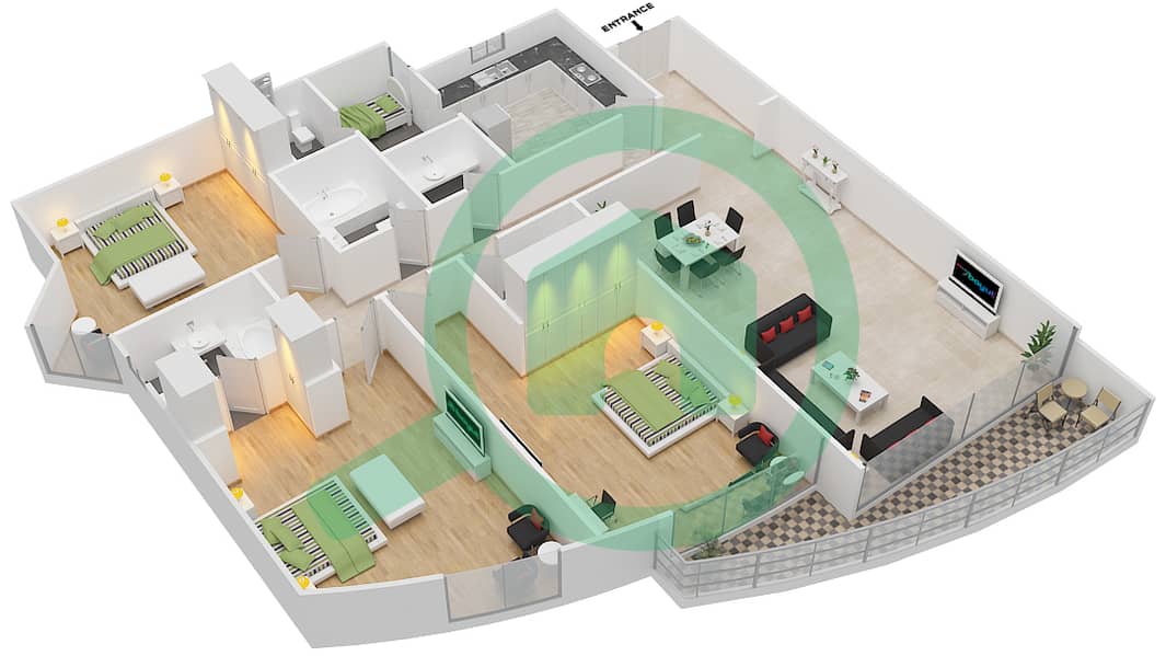 المخططات الطابقية لتصميم الوحدة 3,14 شقة 3 غرف نوم - برج هورايزون A interactive3D