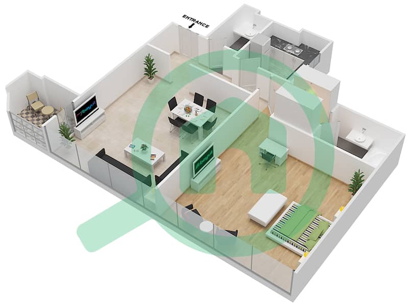 地平线大厦A座 - 1 卧室公寓单位8,9戶型图 interactive3D