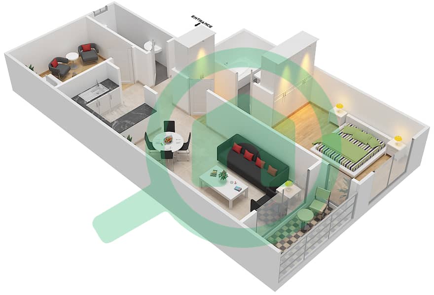 المخططات الطابقية لتصميم النموذج / الوحدة D/2 شقة 1 غرفة نوم - أبراج أحلام جولدكريست interactive3D
