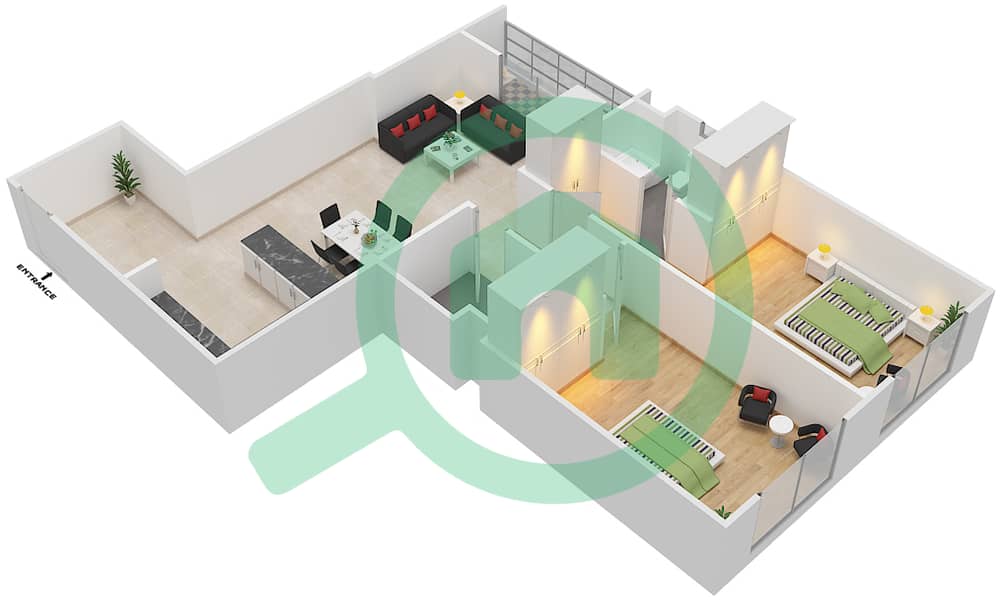 المخططات الطابقية لتصميم النموذج B2 شقة 2 غرفة نوم - بارادايس ليك B3 interactive3D