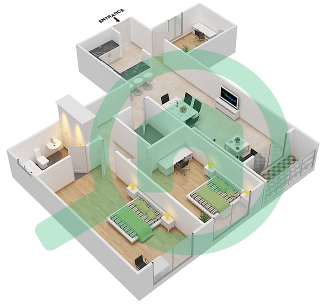 天堂湖畔B9大厦 - 2 卧室公寓类型A1戶型图 interactive3D