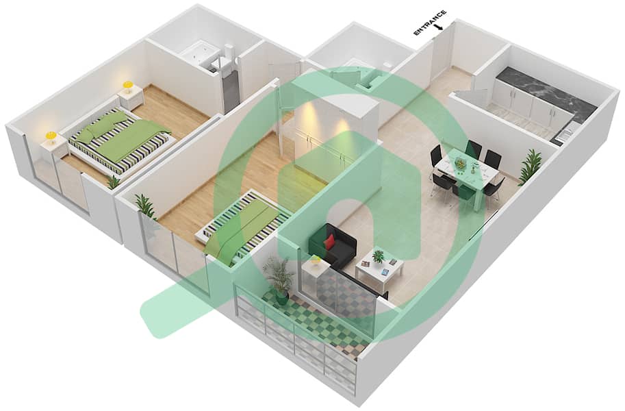 المخططات الطابقية لتصميم النموذج B3 شقة 2 غرفة نوم - بارادايس ليك B9 interactive3D