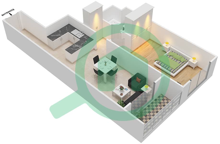Парадис Лейкс B9 - Апартамент 1 Спальня планировка Тип C interactive3D