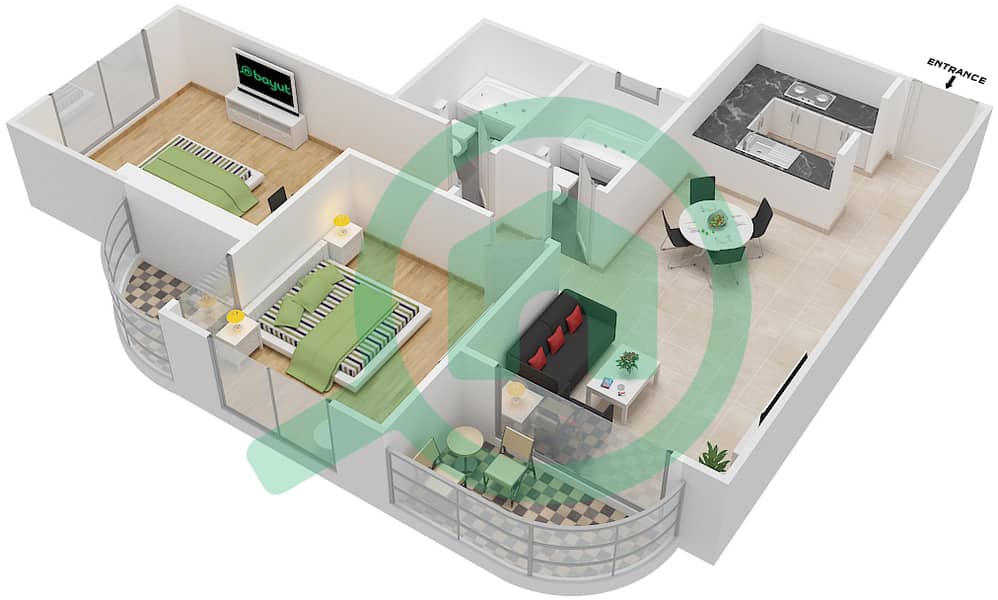 玫瑰大厦 - 2 卧室公寓类型A2戶型图 interactive3D