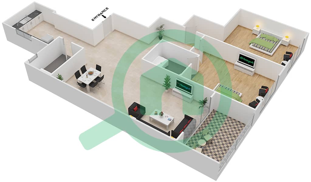المخططات الطابقية لتصميم النموذج A1 شقة 2 غرفة نوم - برج روز interactive3D