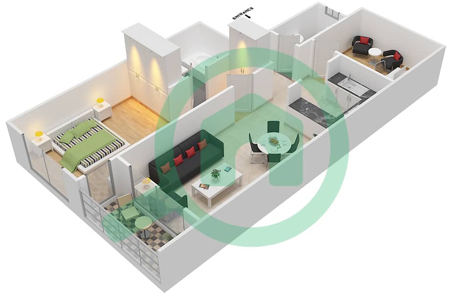金冠梦想大厦 - 1 卧室公寓类型／单位D/4戶型图 interactive3D