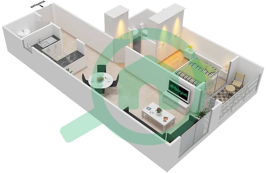 المخططات الطابقية لتصميم النموذج / الوحدة B/6 شقة 1 غرفة نوم - أبراج أحلام جولدكريست interactive3D