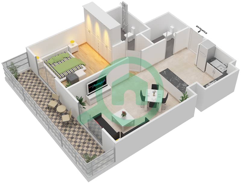 娇艳玫瑰公寓 - 1 卧室公寓类型2戶型图 interactive3D