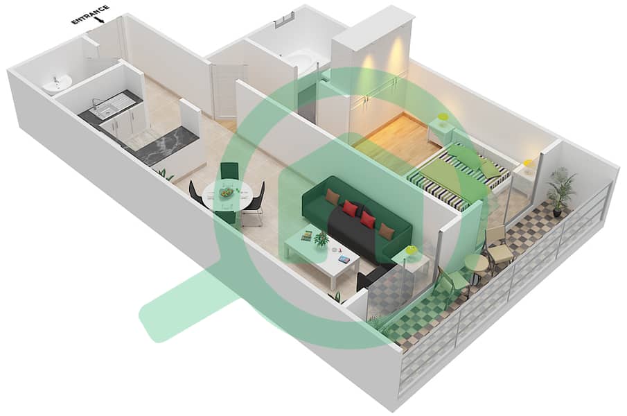 金冠梦想大厦 - 1 卧室公寓类型／单位C/7戶型图 interactive3D