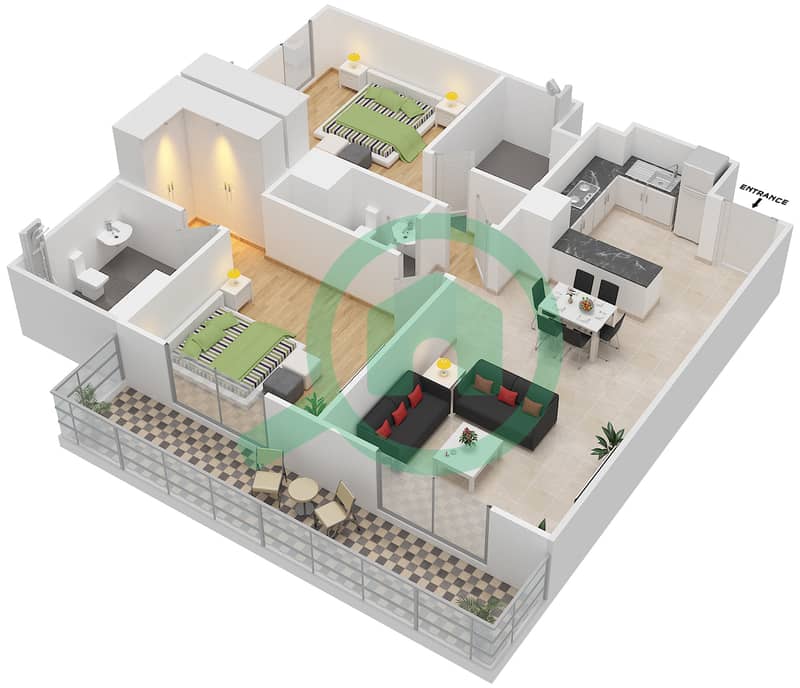 娇艳玫瑰公寓 - 2 卧室公寓类型3戶型图 interactive3D