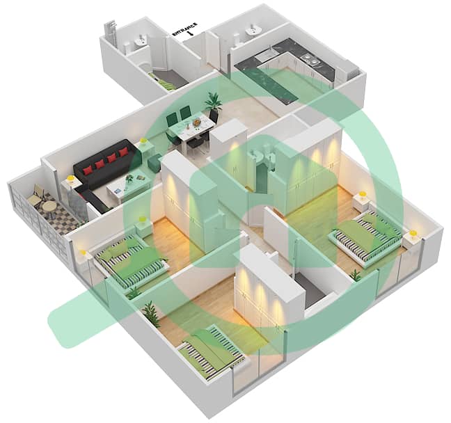 Парадайс Лейкс Б7 - Апартамент 3 Cпальни планировка Тип A interactive3D