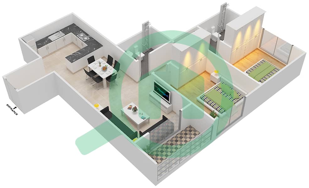 المخططات الطابقية لتصميم النموذج B شقة 2 غرفة نوم - بارادايس ليك B7 interactive3D