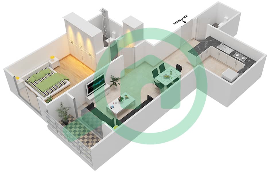 Парадайс Лейкс Б7 - Апартамент 1 Спальня планировка Тип C3 interactive3D