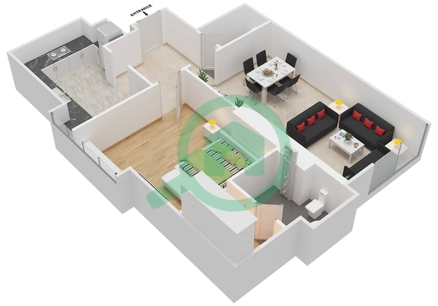 المخططات الطابقية لتصميم النموذج B شقة 1 غرفة نوم - ماج 230 interactive3D