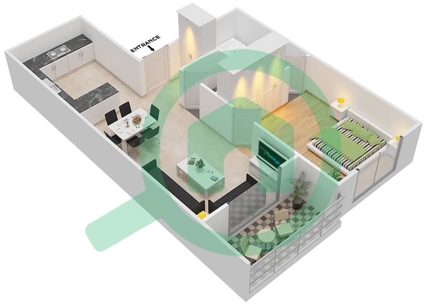 Парадайс Лейкс Б7 - Апартамент 1 Спальня планировка Тип C4 interactive3D