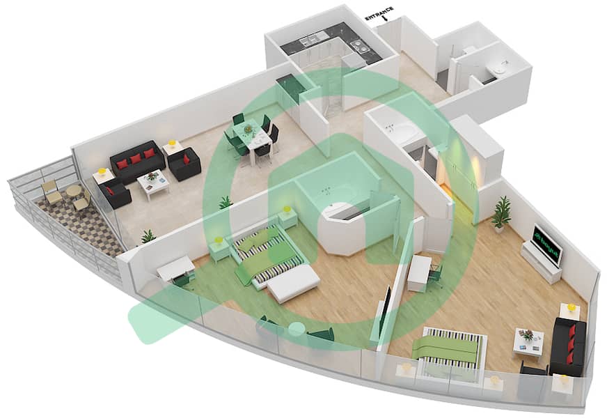地平线大厦A座 - 2 卧室公寓单位7,10戶型图 interactive3D