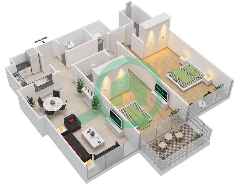 МАГ 230 - Апартамент 2 Cпальни планировка Тип C interactive3D