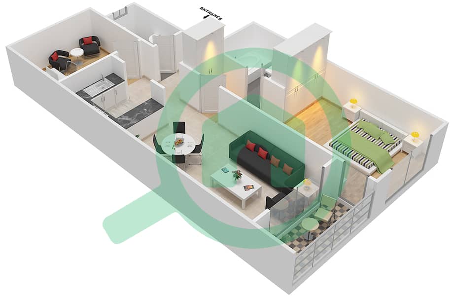 金冠梦想大厦 - 1 卧室公寓类型／单位D/10戶型图 interactive3D
