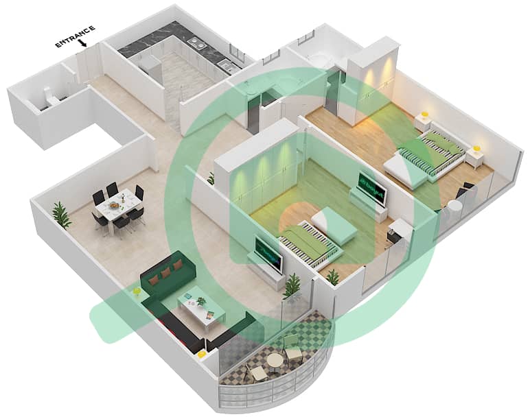 المخططات الطابقية لتصميم الوحدة 6,11 شقة 2 غرفة نوم - برج هورايزون A interactive3D