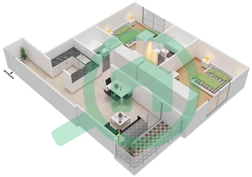 天堂湖畔B6大厦 - 2 卧室公寓类型B1戶型图 interactive3D