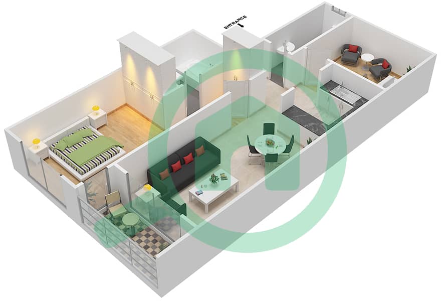 金冠梦想大厦 - 1 卧室公寓类型／单位D/12戶型图 interactive3D