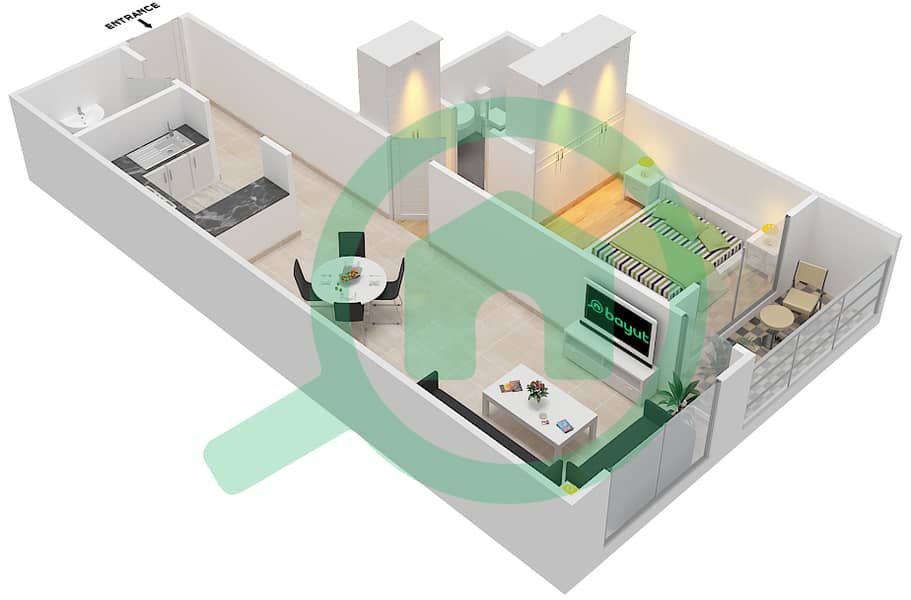 المخططات الطابقية لتصميم النموذج / الوحدة B/14 شقة 1 غرفة نوم - أبراج أحلام جولدكريست interactive3D
