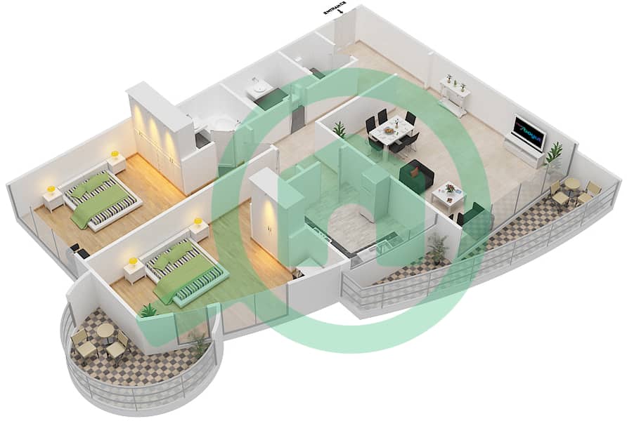 地平线大厦A座 - 2 卧室公寓单位4,13戶型图 interactive3D