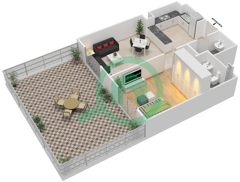 娇艳玫瑰公寓 - 1 卧室公寓类型6戶型图 interactive3D