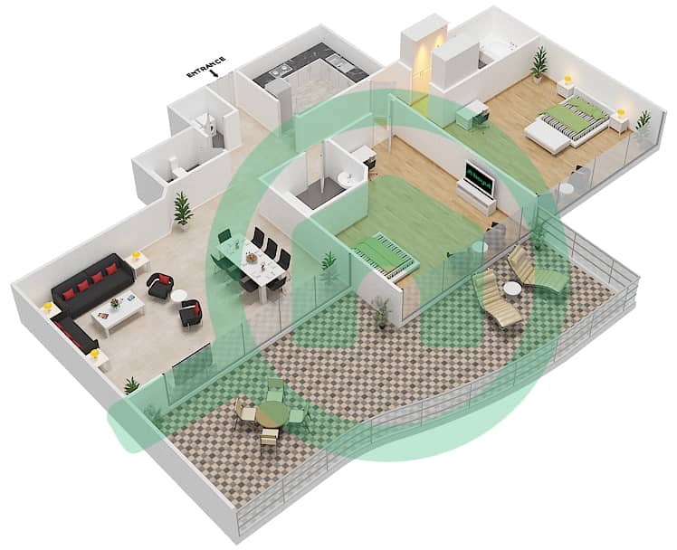 地平线大厦A座 - 2 卧室公寓单位8,9戶型图 interactive3D
