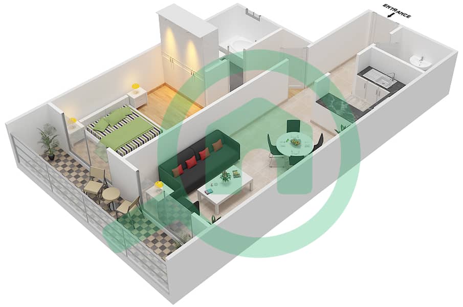 金冠梦想大厦 - 1 卧室公寓类型／单位C/15戶型图 interactive3D