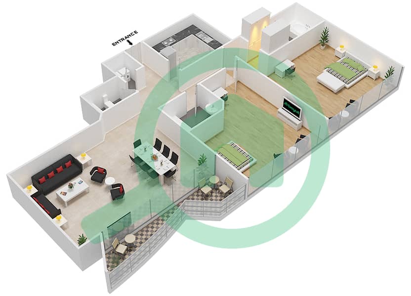 المخططات الطابقية لتصميم الوحدة 1,9 شقة 2 غرفة نوم - برج هورايزون A interactive3D