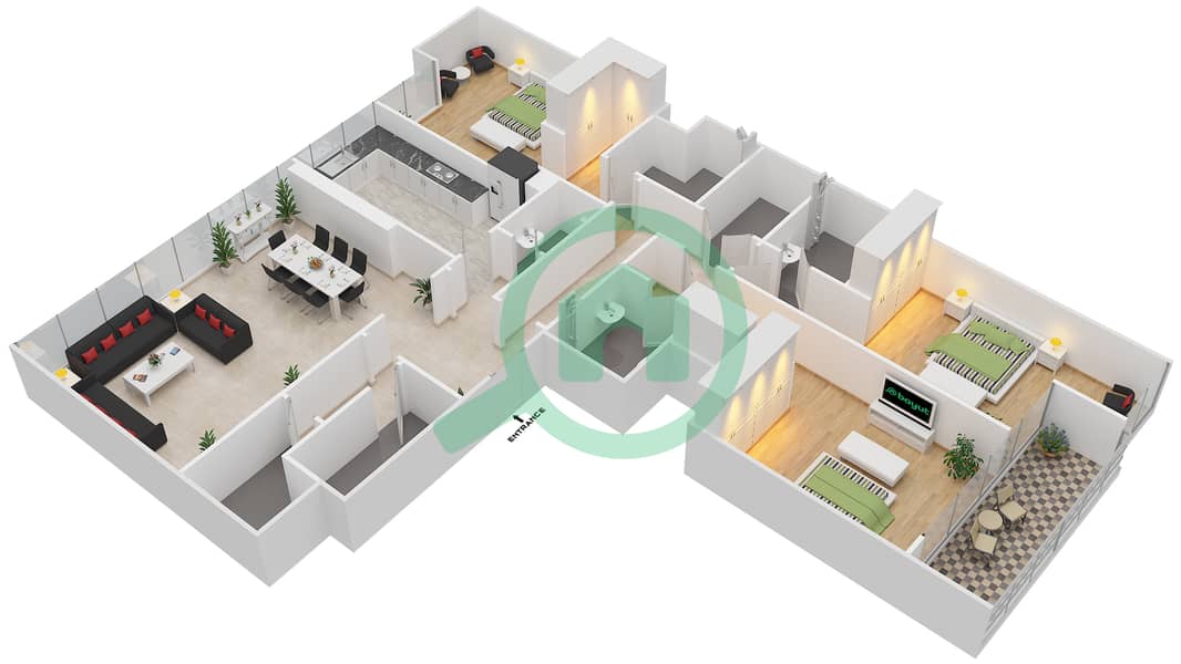 المخططات الطابقية لتصميم النموذج E شقة 3 غرف نوم - ماج 230 interactive3D