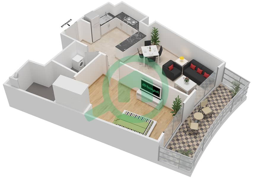 娇艳玫瑰公寓 - 1 卧室公寓类型9戶型图 interactive3D