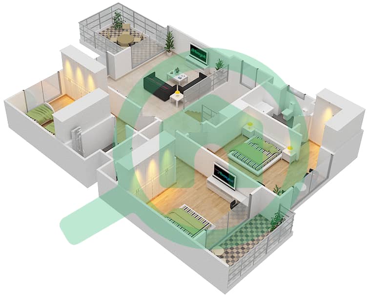 المخططات الطابقية لتصميم النموذج S1 فیلا 3 غرف نوم - فيلا لانتانا 1 interactive3D