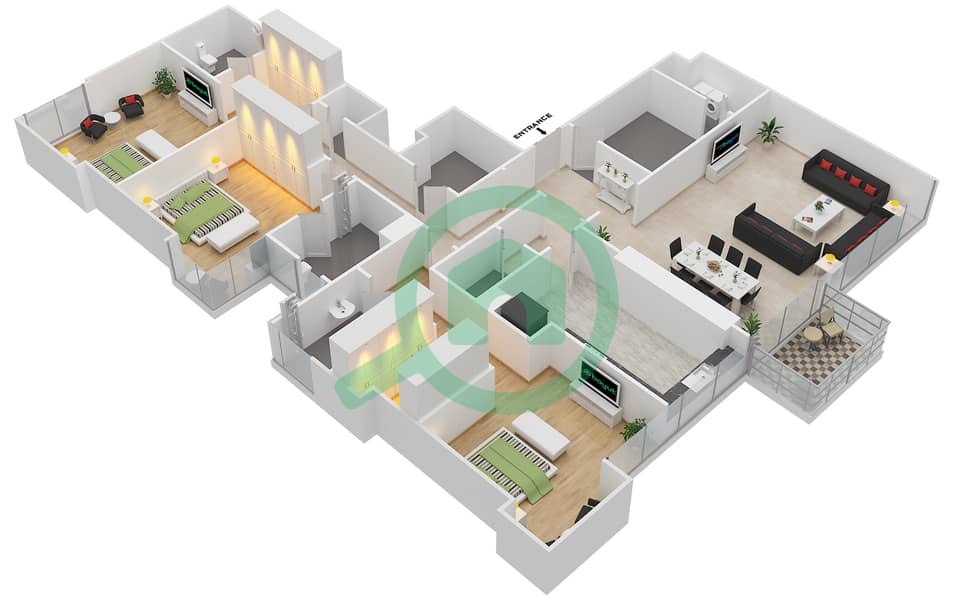 المخططات الطابقية لتصميم النموذج D شقة 3 غرف نوم - ماج 230 interactive3D