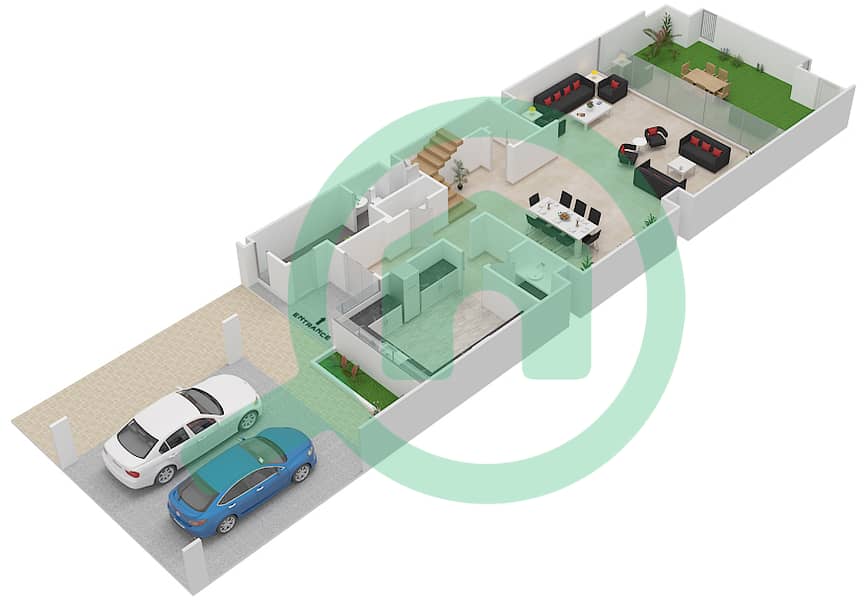 المخططات الطابقية لتصميم النموذج E تاون هاوس 4 غرف نوم - الوصل سكوير Ground Floor interactive3D