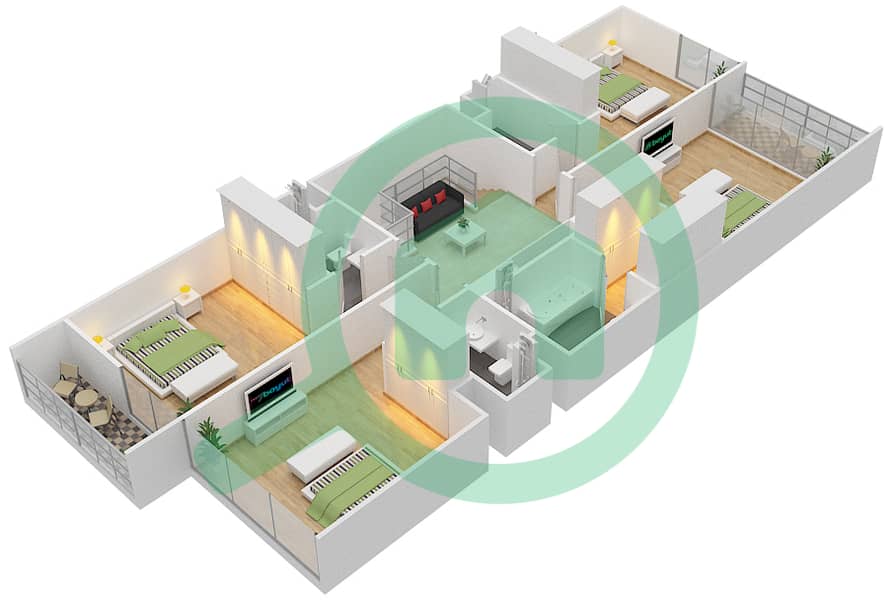 المخططات الطابقية لتصميم النموذج E تاون هاوس 4 غرف نوم - الوصل سكوير First Floor interactive3D