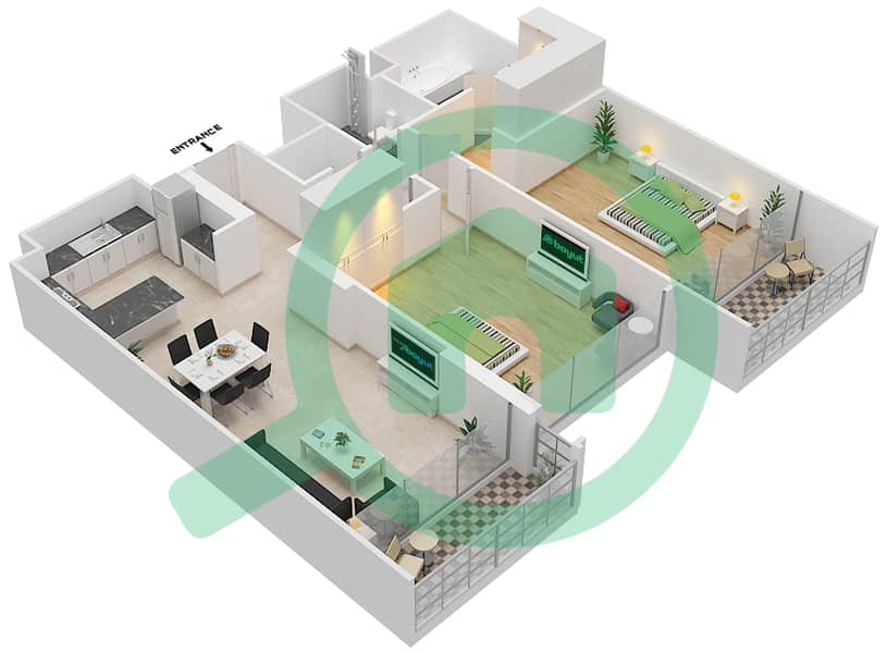 المخططات الطابقية لتصميم النموذج B شقة 2 غرفة نوم - الوصل سكوير interactive3D
