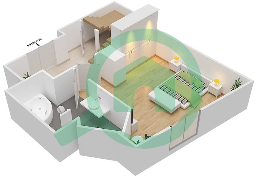 المخططات الطابقية لتصميم النموذج A شقة 1 غرفة نوم - مساكن جميرا ليفنج في المركز التجاري العالمي interactive3D