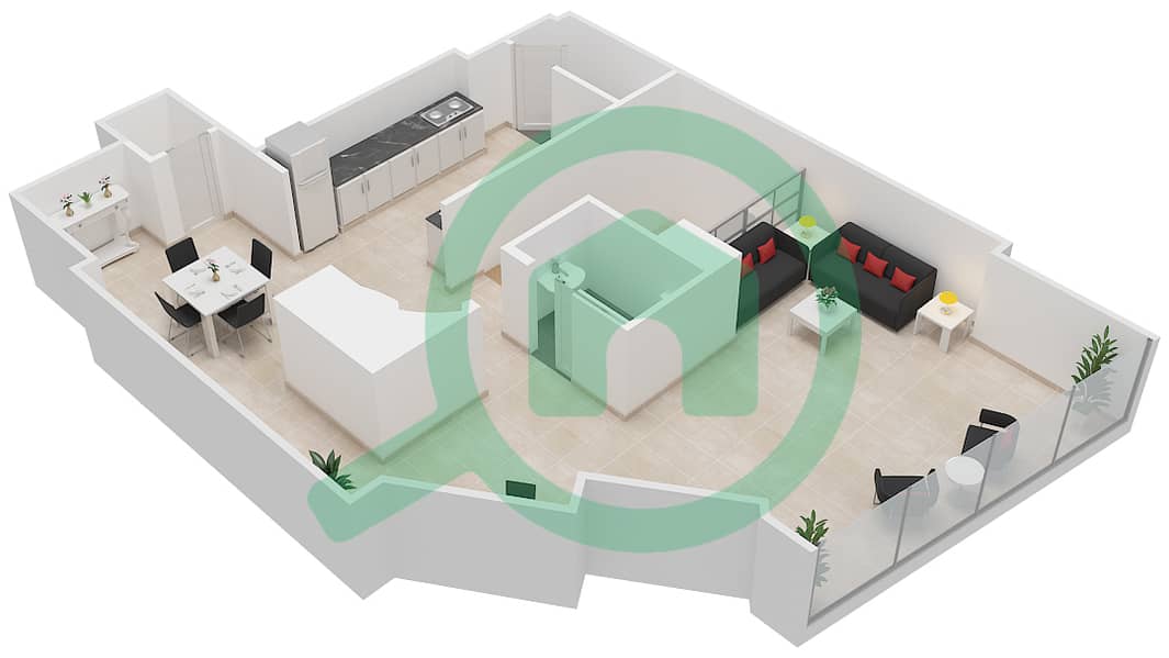 المخططات الطابقية لتصميم النموذج A شقة 1 غرفة نوم - مساكن جميرا ليفنج في المركز التجاري العالمي interactive3D