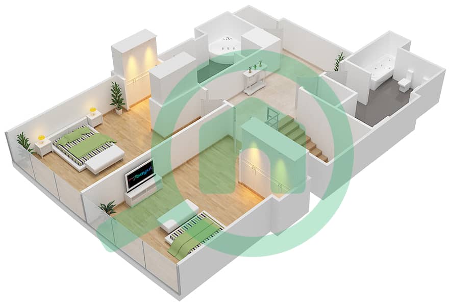 المخططات الطابقية لتصميم النموذج B شقة 2 غرفة نوم - مساكن جميرا ليفنج بالمركز التجاري العالمي interactive3D
