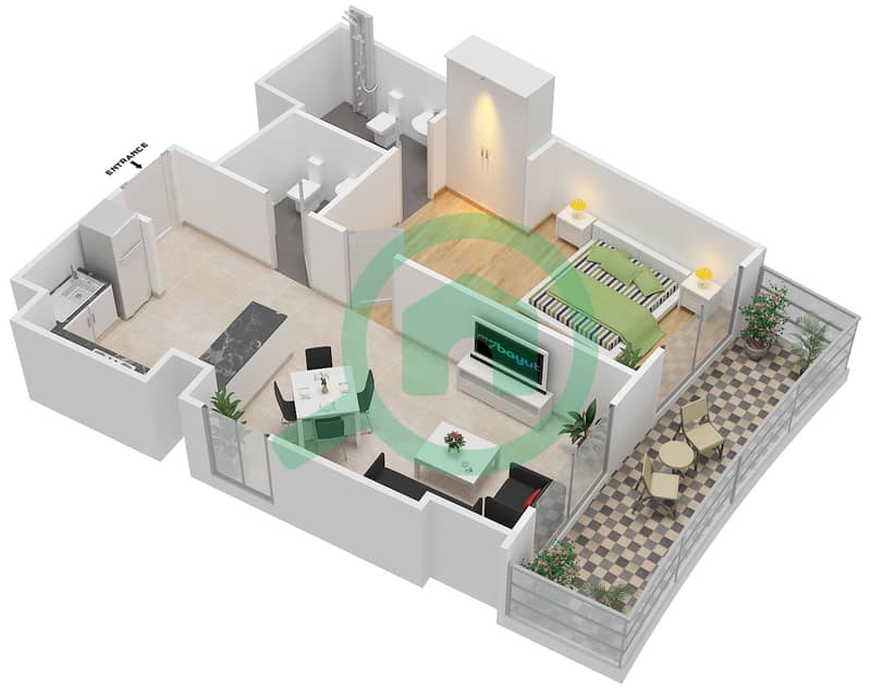 المخططات الطابقية لتصميم النموذج 12 شقة 1 غرفة نوم - بيلا روز interactive3D