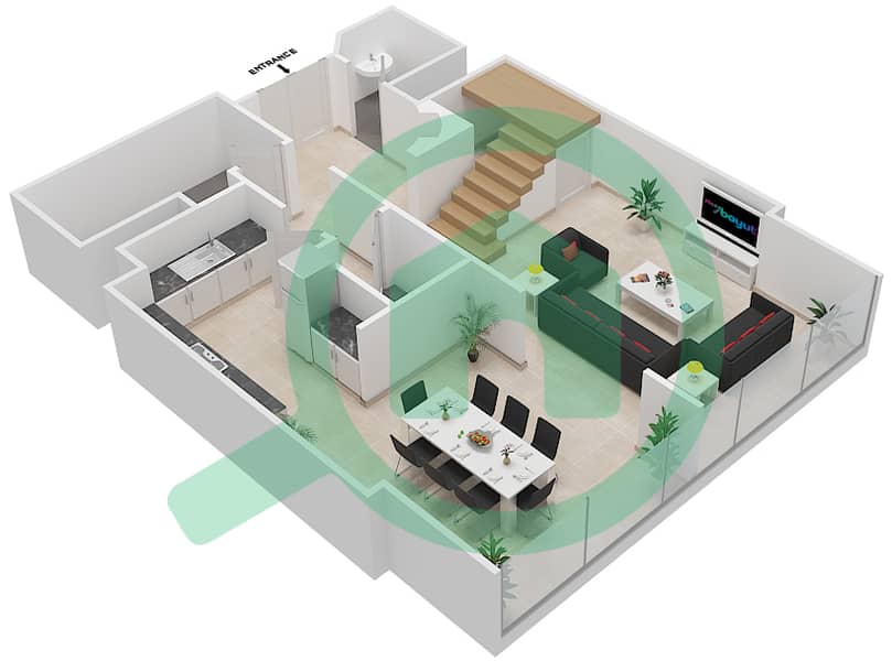 المخططات الطابقية لتصميم النموذج C شقة 2 غرفة نوم - مساكن جميرا ليفنج بالمركز التجاري العالمي interactive3D