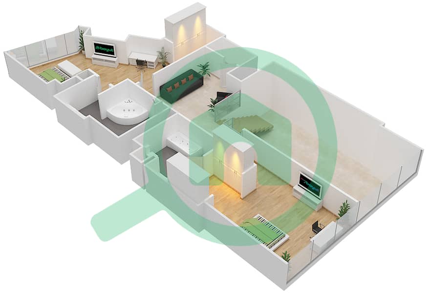 المخططات الطابقية لتصميم النموذج C شقة 2 غرفة نوم - مساكن جميرا ليفنج بالمركز التجاري العالمي interactive3D