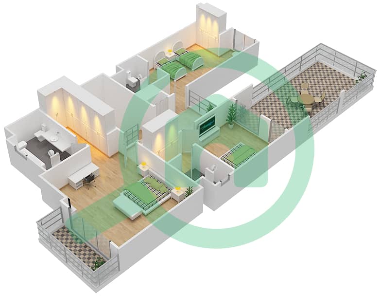 المخططات الطابقية لتصميم النموذج S1 فیلا 4 غرف نوم - فيلا لانتانا 1 interactive3D